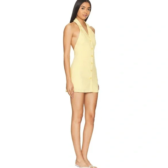 NEW SNDYS x Revolve Button Down mini Yellow Halter Dress - Picture 2 of 3